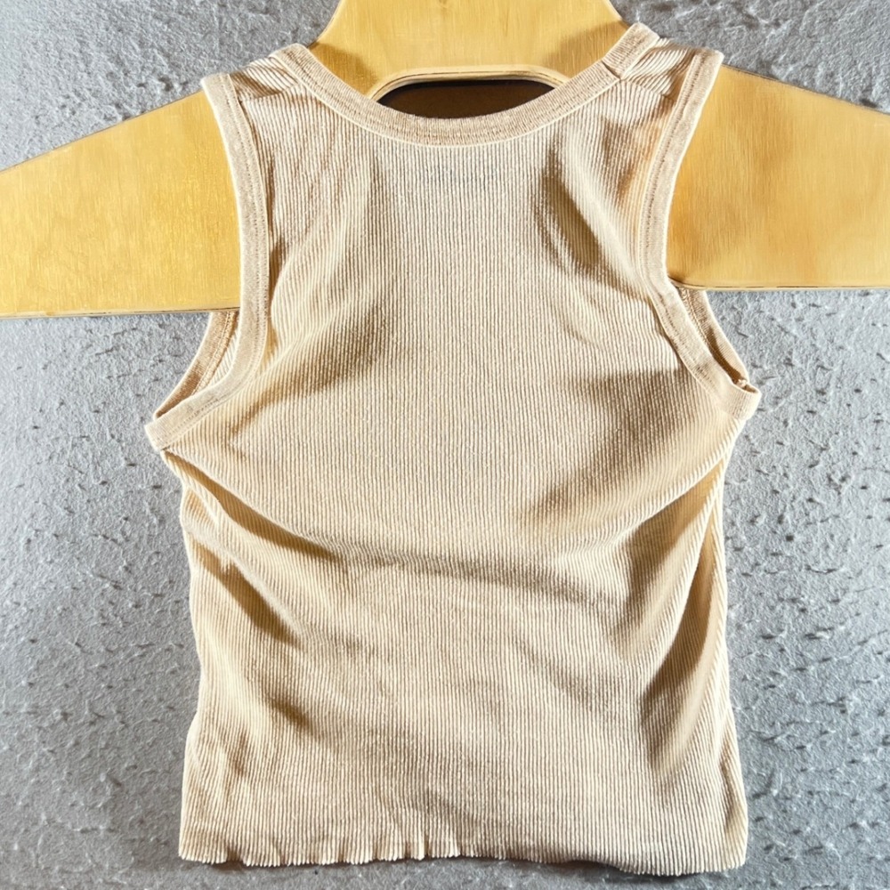 1271 | John Galt Radio Silence Graphic Ribbed Cropped Tank Top Tan Womens OS - Picture 2 of 7